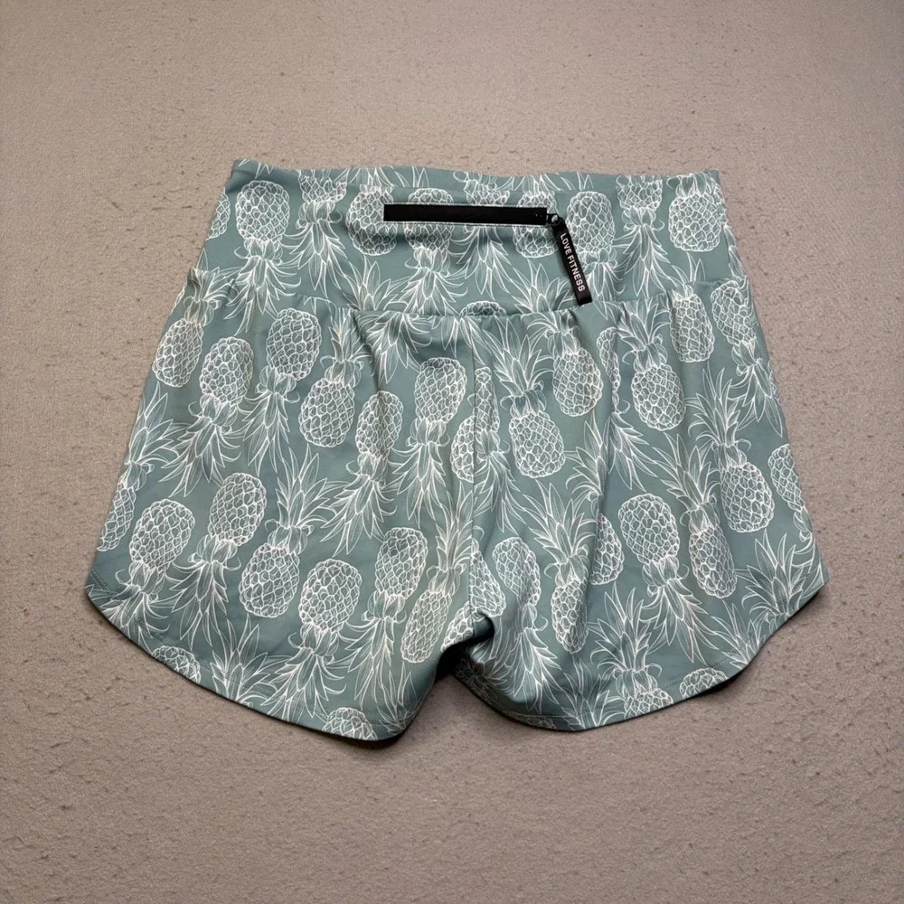 Love Fitness Shorts Women Large Teal Pineapple Print Activewear Running Lined